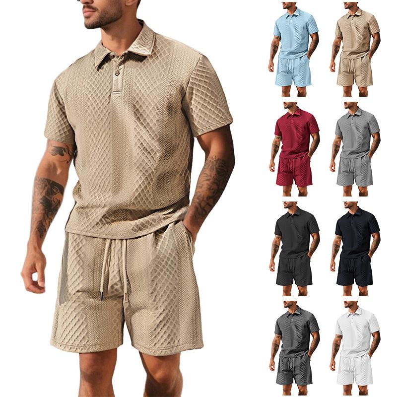 2026 Summer Fashion Sports Style Short Two Piece Set Men's Casual Solid Color Jacquard Short Sleeves Pullover POLO Shirt Shorts 2 Piece Sets