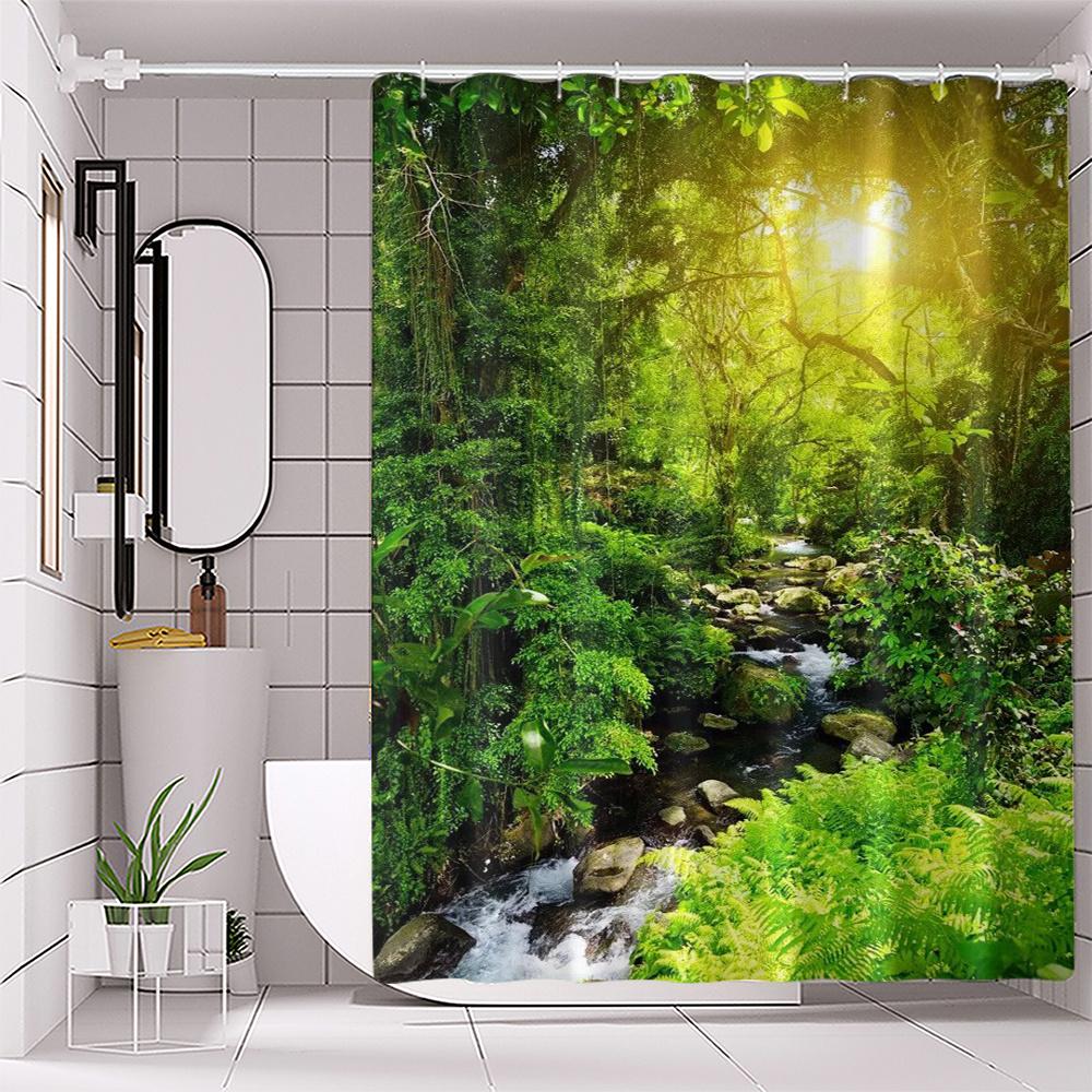 Forest Stream Print Polyester Bathroom Set, Waterproof - Includes Machine Washable Curtain, Bath Mat Accessories, Set Of 4