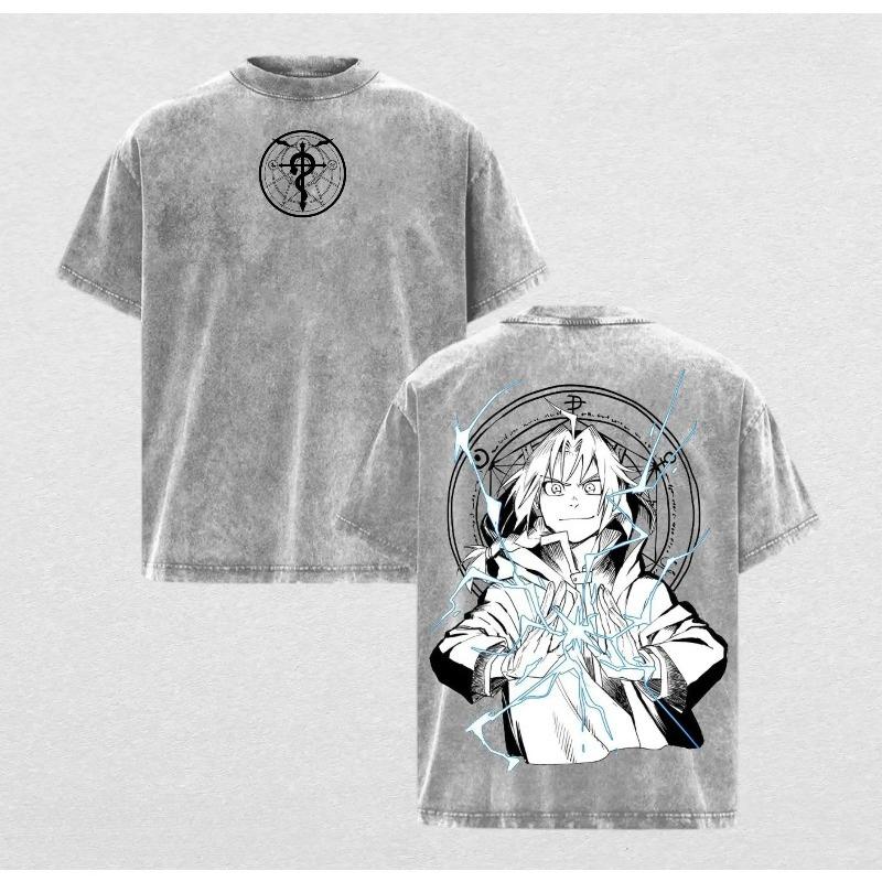 Fullmetal Alchemi Edward Elric T-shirt Anime Washed Oversized T Shirt Men Women Clothing Summer Short Sleeve Cotton Tees Tops