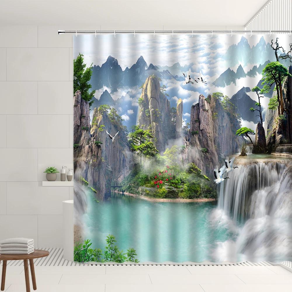 Chinese Landscape Shower Curtain Sets Mountain Waterfall Sunrise Flower Plant Residence Decorations Bathtub Screens With Hooks