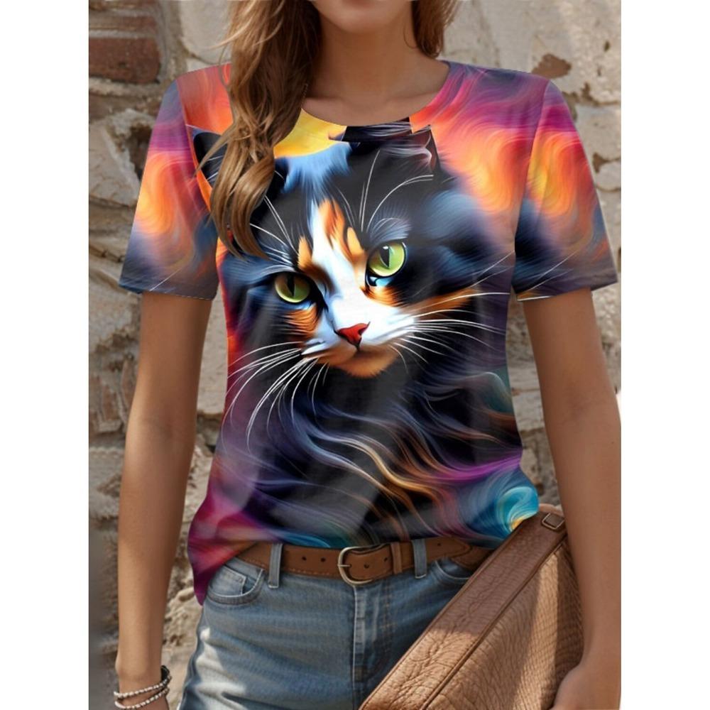 Roliga djurkatt-tryck T-shirts för kvinnor Kortärmade T-shirts Toppar 3D-tryck O-ringad Skjorta Sommar Casual Damkläder Kläder