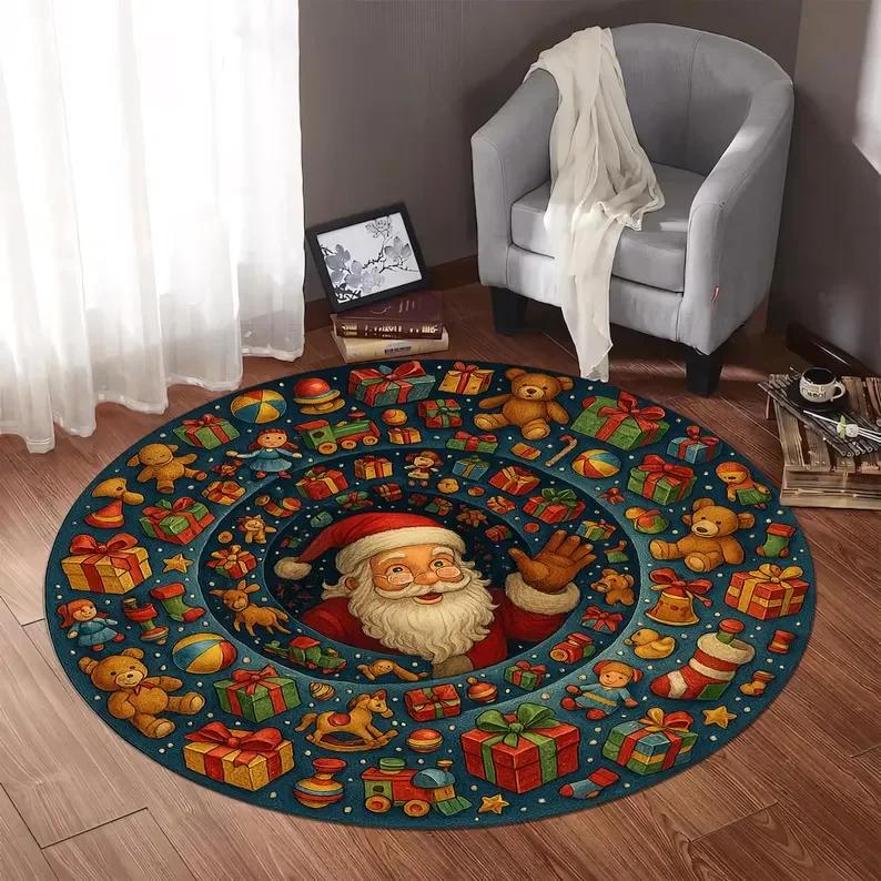 Kerstman Speelgoed Cadeaus Kerstkleed 3D Optische Illusie Rond Tapijt Feestelijke Vakantiedecoratie Kerstman Kleed voor Kinderkamer Winterhuis