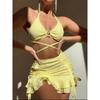 Sexy Yellow Bikini Women Solid Halter Ring Linked Criss Cross Cover Up 3 Piece Swimsuit 2025 Bathing Suit Ruffles Skirt Swimwear