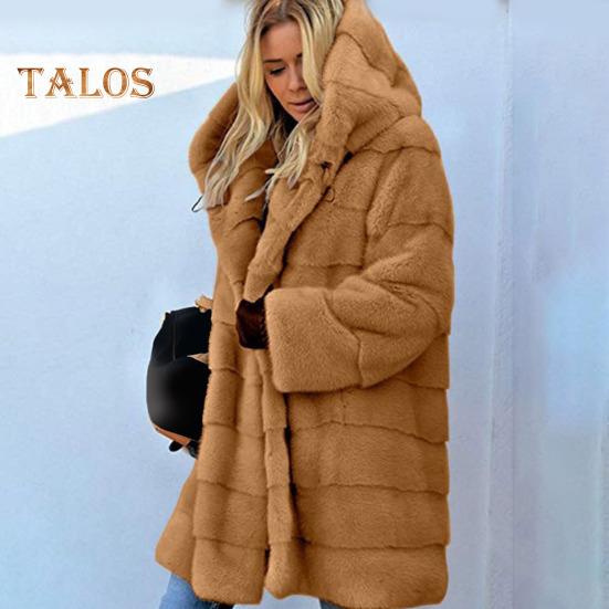 Women Winter Jacket Plus Size Faux Fur Loose Hooded Outerwear Mid-length Layered Thermal Plush Coat for Daily Work Outdoor