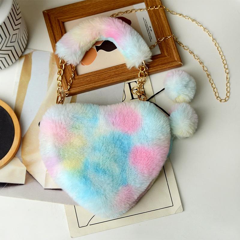 Color Love Plush Bag Single Shoulder Underarm Women's Bag New Peach Heart Bag Crossbody Strap Chain Handbag