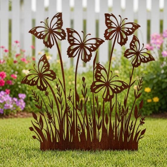 Rusty Flowers Garden Stake, Distressed Metal Flower Yard Art Stake, Retro 2D Flowers Decoration for Yard Lawn Flower Bed