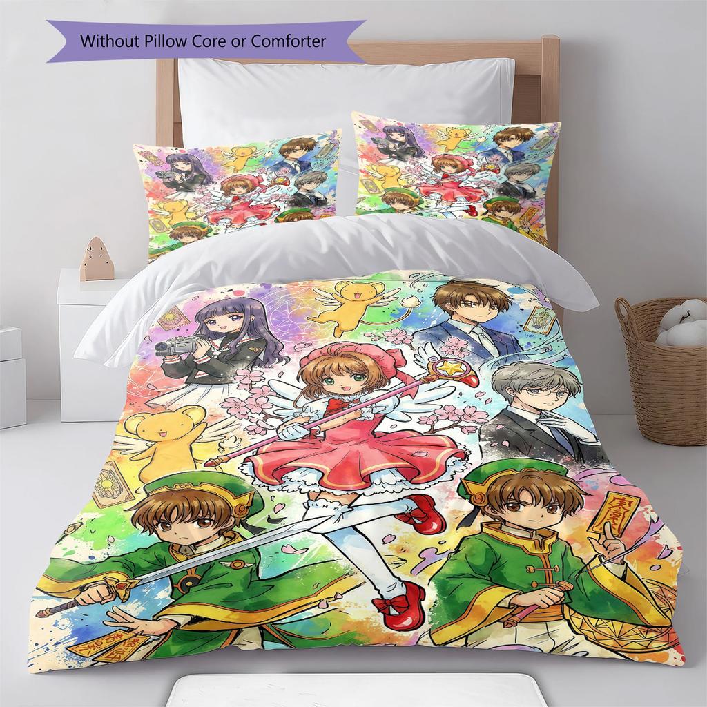 Cardcaptor Sakura Pattern Bedding Set Quilt Cover Pillowcase Home Decor Gift (1 * Duvet Cover + 2 * Pillowcase, Without Core)