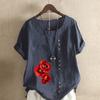 Women's Fashion Round Neck Short Sleeve T-shirt Casual Cotton Linen Graphic Shirt Red Flowers Prined Summer Blouse Tops Plus Size