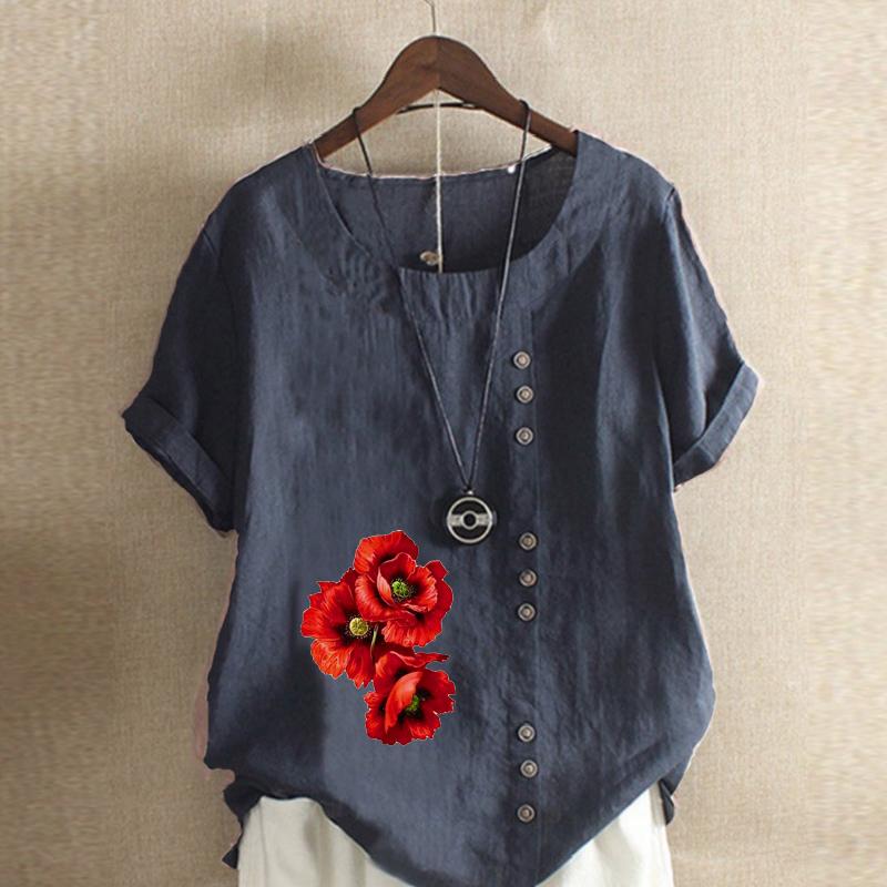 Women's Fashion Round Neck Short Sleeve T-shirt Casual Cotton Linen Graphic Shirt Red Flowers Prined Summer Blouse Tops Plus Size