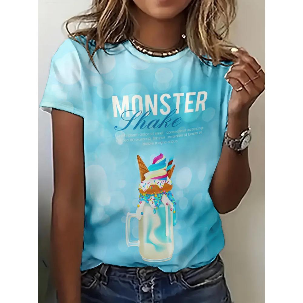 3D Printed Pattern T-shirt, Summer and Spring Short Sleeved Round Neck Casual Top, Women's Clothing