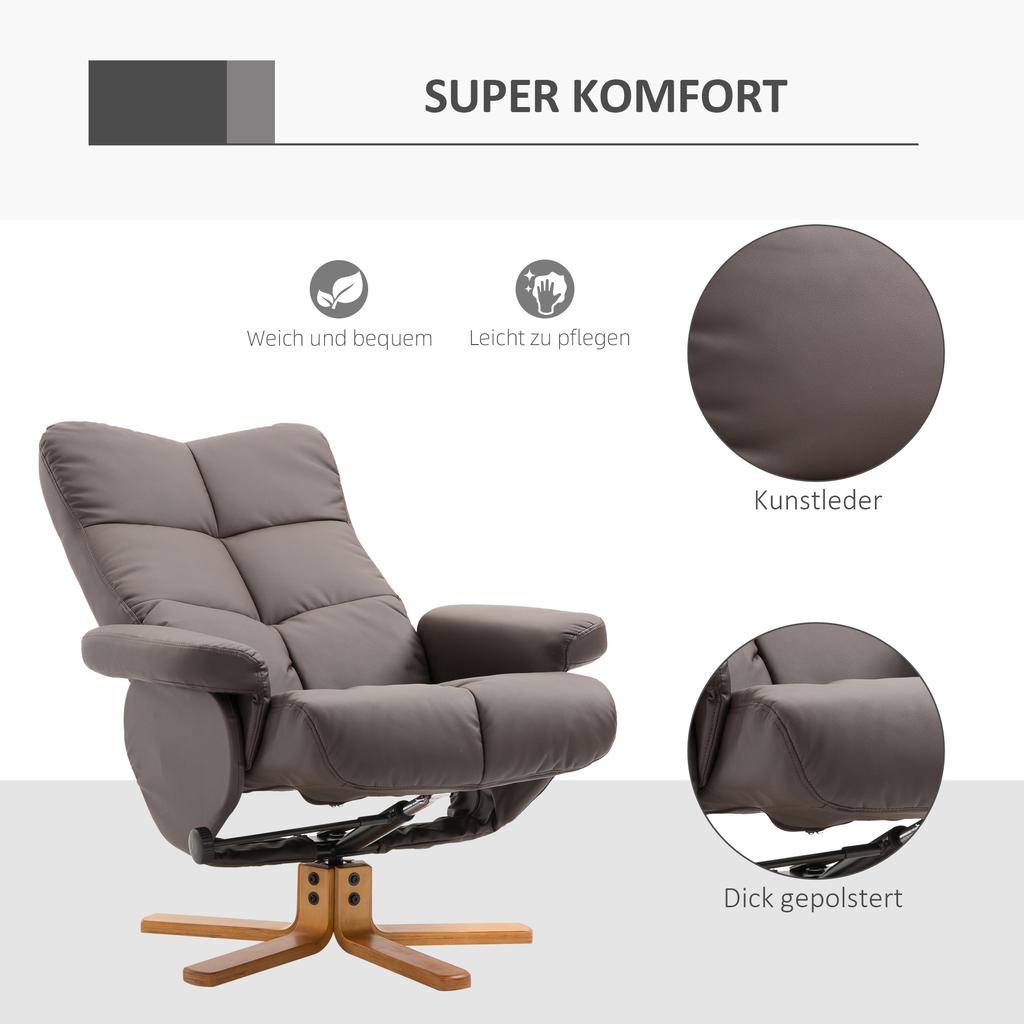 Recliner with Footstool, 360 Degrees Swivel TV Chair with Reclining Function Reading Chair for Bedroom, Living Room, Faux Leather, Brown