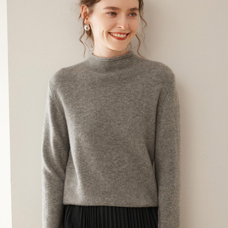 Women's Rolled Hem Cashmere Sweater: Pure Cashmere, Double-Ply, Thick Knit, Half-High Neck, Short, Loose Fit, Versatile Base Layer.