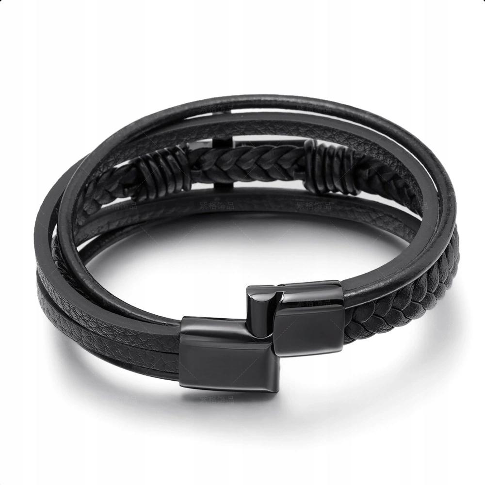 Men's Black Leather Bracelet with Braided Gold Cross Surgical Steel