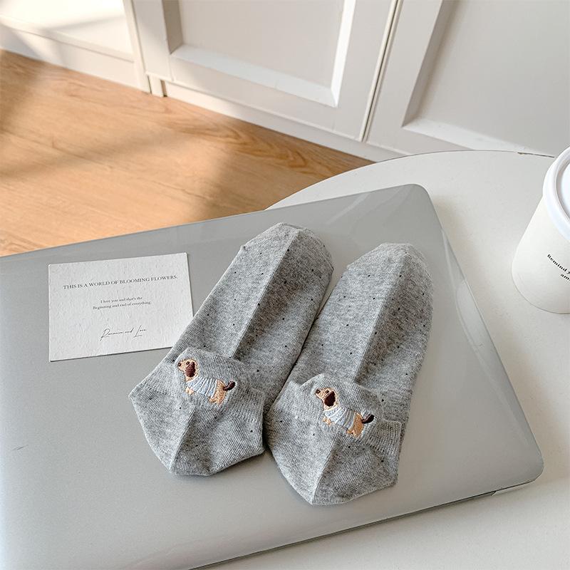 Spring and Summer Children's Thin Style Short Socks with Polka Dots, Cute Cartoon Dachshund Embroidery, Spring Cotton Short Tube Trendy Socks