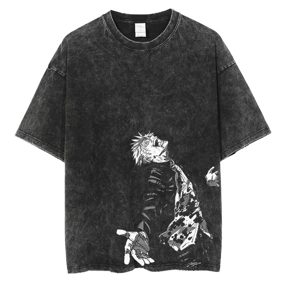 Anime Printed Washed Short Sleeve Retro Sports Fitness Short Sleeve Loose Large Size for Men and Women