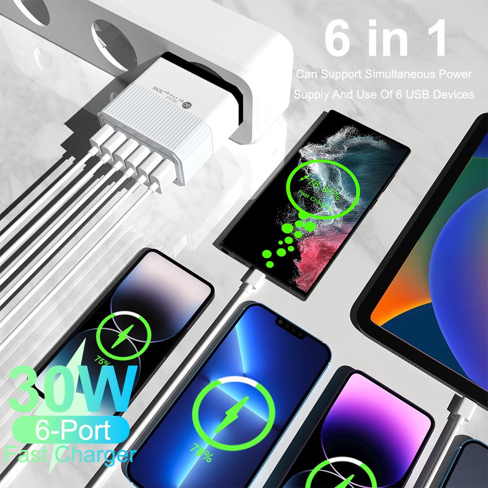 Six-Port 30W QC3.0 Mobile Charger with EU/US/UK/AU Plugs for Fast Charging