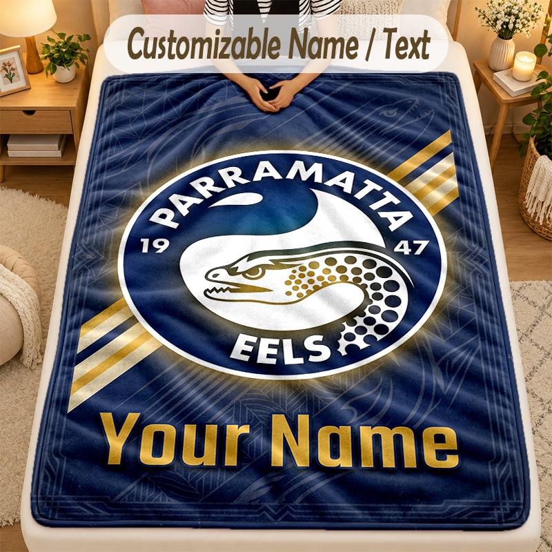 Flannel BlanketParramatta Eels Custom Name Text Personalized Soft Warm Throw Blanket Home Decor Gift