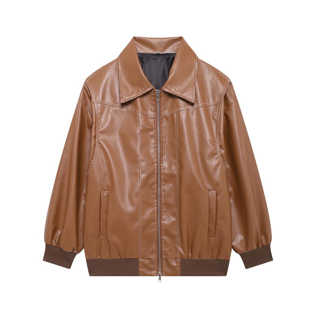 VAYLA Women Zipper Leather Bomber Jackets Coats Contrast Stitch Lapel Long Sleeve Jacket Motorcycle Outwear Tops