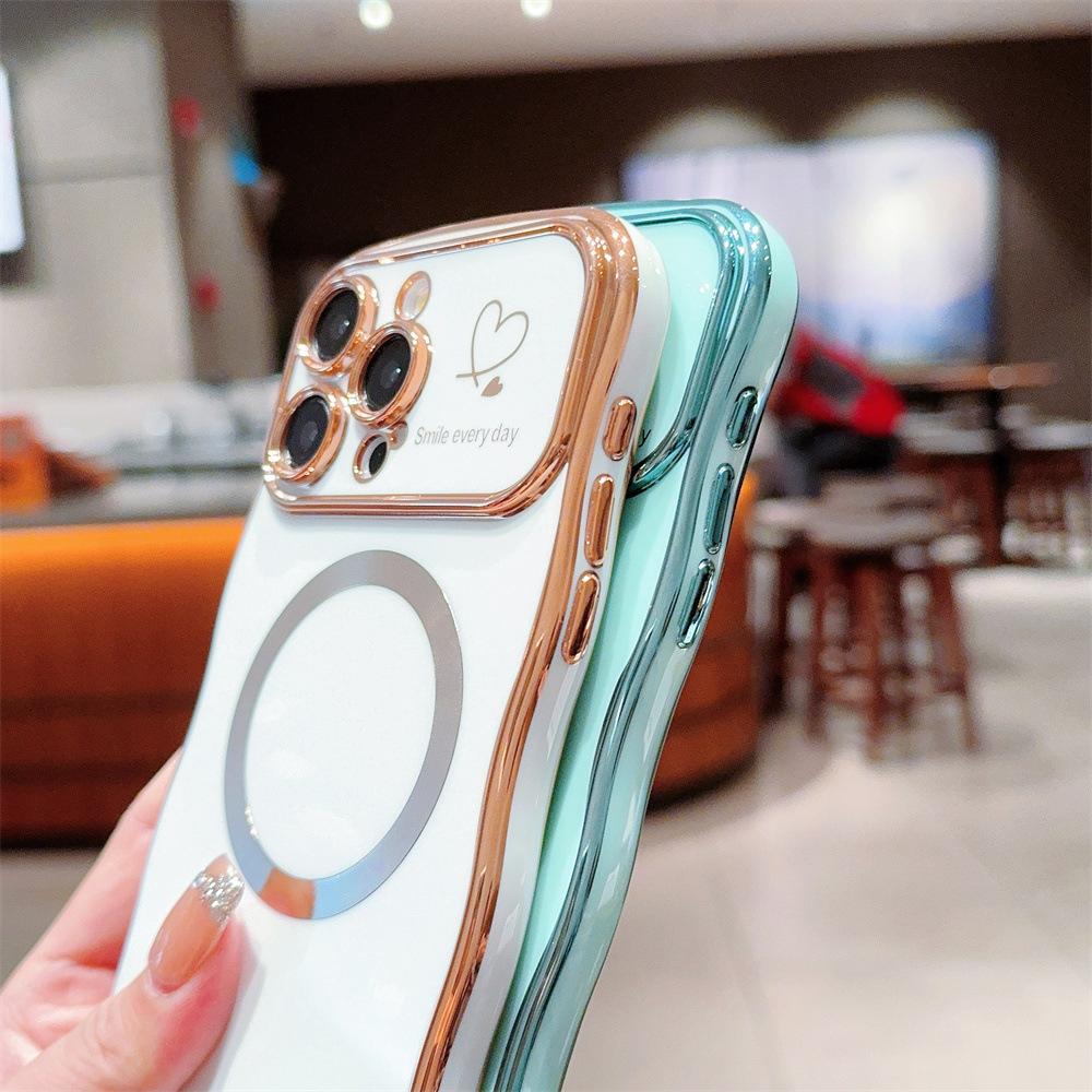 Electroplated Side Heart-shaped Large Window, iPhone 17 Phone Case, Magnetic Wave Pattern, iPhone 16 Pro Max Soft Case 15