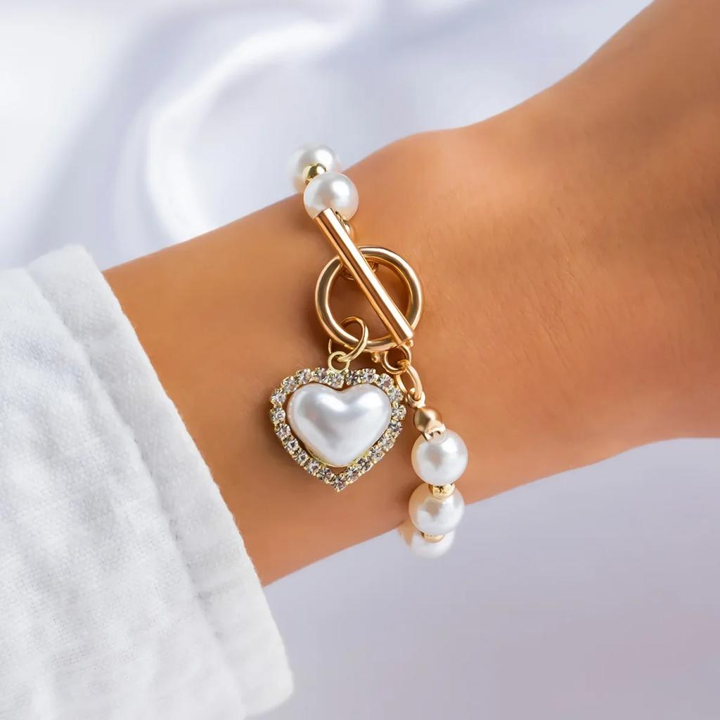 4pcs Set Luxury Imitation Pearl Chain Beaded Bracelet for Women Exquisite Charm Gold Color Stainless Steel Bangle Jewelry Set