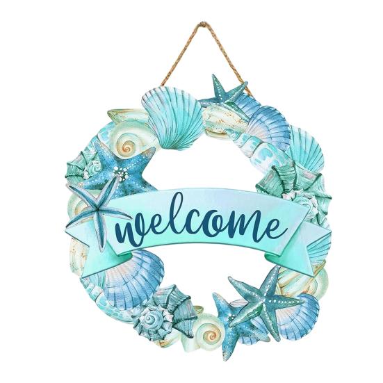 Yousheng Welcome Summer Sign Shells Starfish Wall Hanging Wreath Farmhouse Coastal Beach Wooden Round Door Hanger for Front Door Porch Courtyard