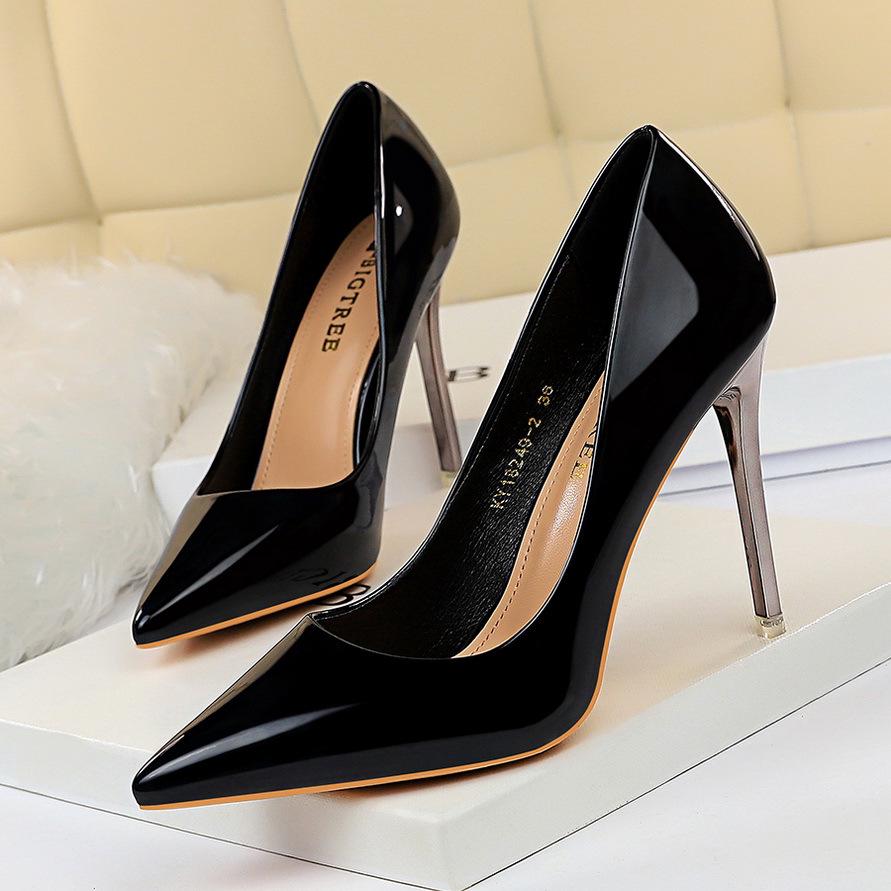 BIGTREE Damen-Metallabsatz, 10,5 cm, Super-High-Heel, helle Oberfläche, Lackleder, flacher Mund, spitze, sexy High-Heel-Schuhe