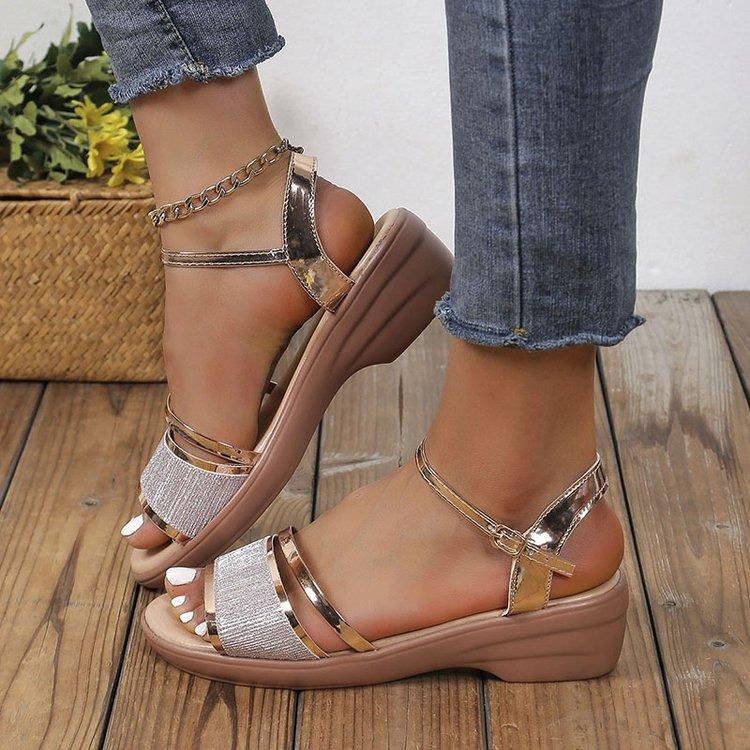 2024 Summer New Foreign Trade Large Size European and American Rhinestone Slope Heel Fish Mouth One-word Buckle Beach Women's Sandals 43