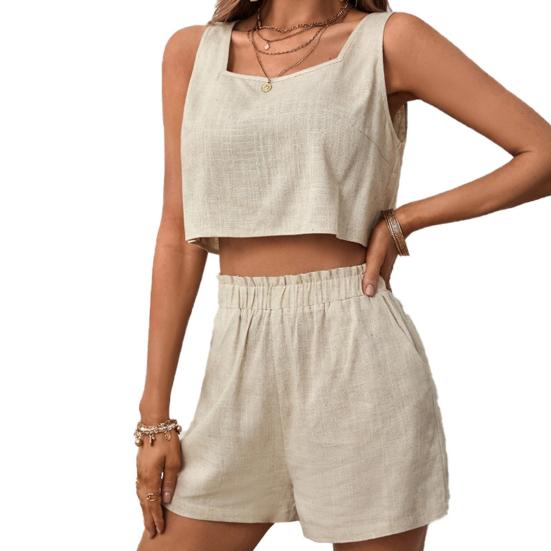 Women's Cotton Linen Two-Piece Set Sleeveless Crop Backless Tank Top Wide Leg Short Pants Set Summer Casual Outfit Matching Loungewear