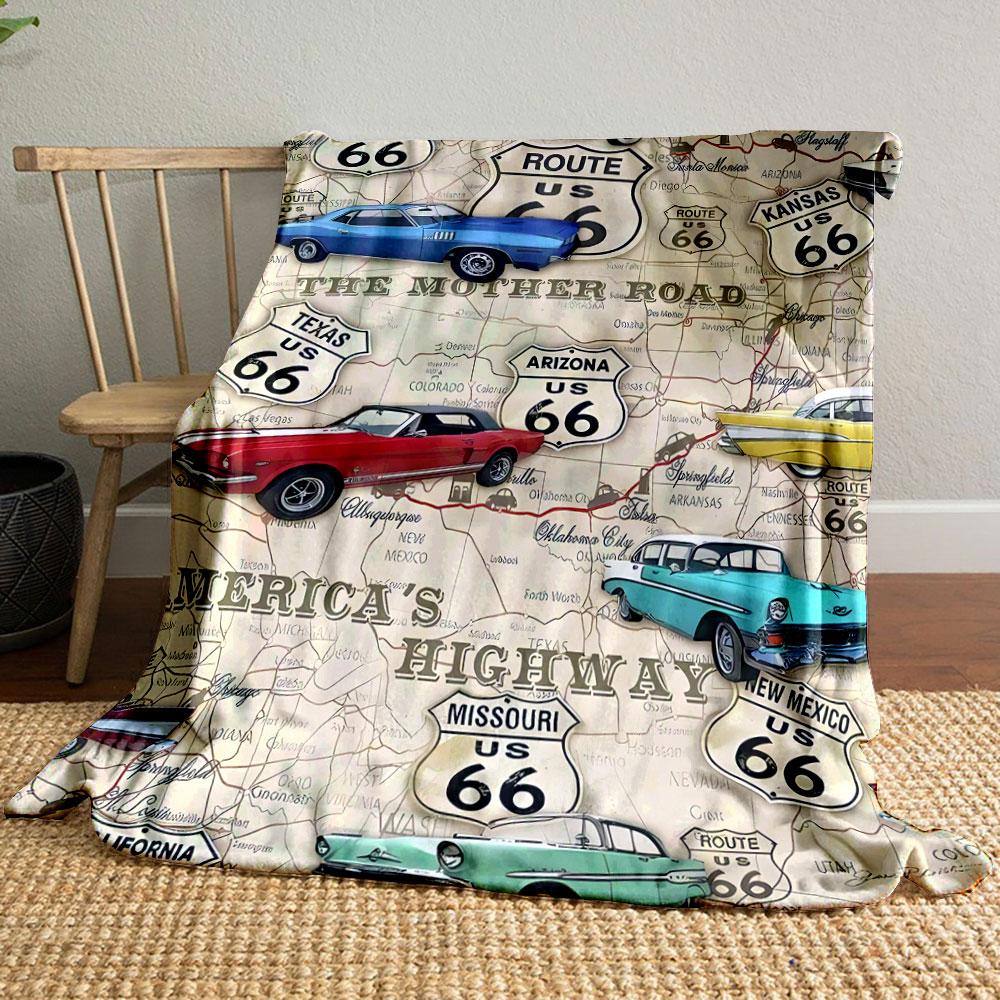 Route 66 Vintage Car Map Blanket Bedroom Blanket for Livingroom Couch Lunch Break Soft Throw for Friend's Festival Gift