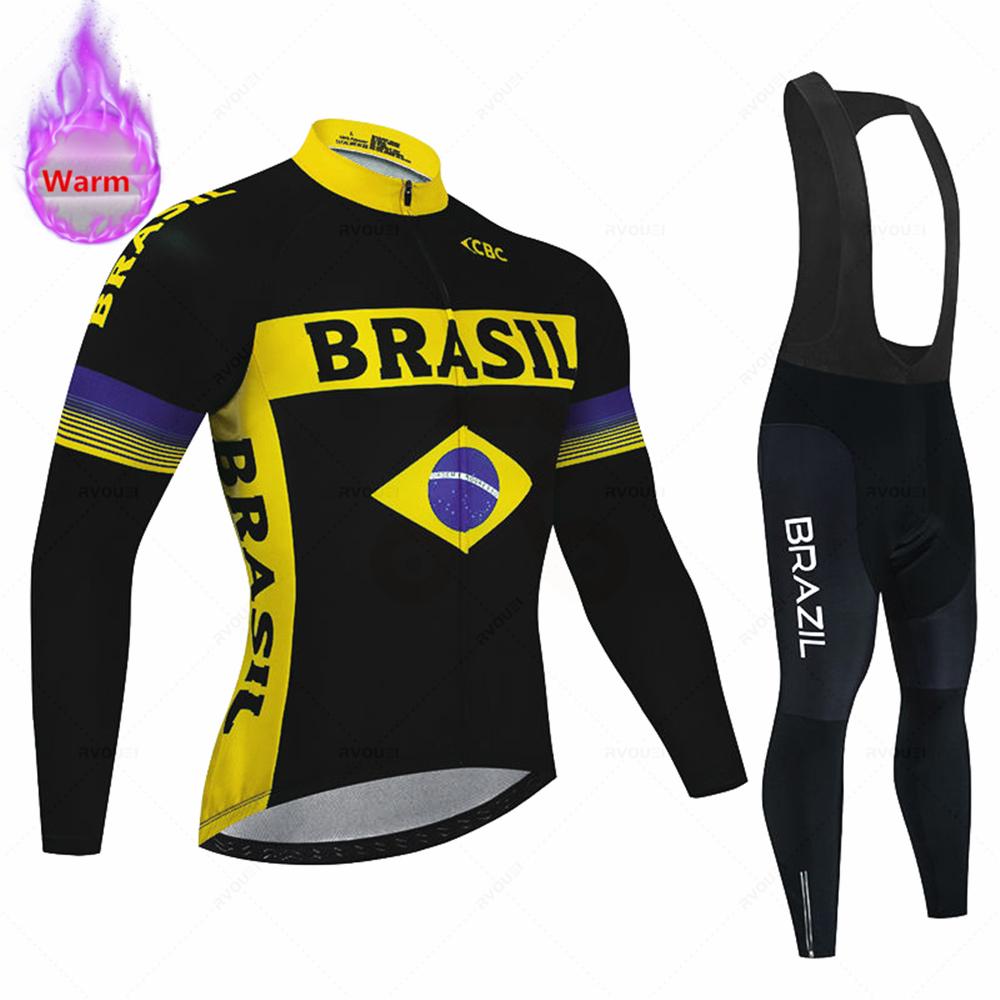 Brazil Winter Thermal Fleece Cycling Jersey Set Sports Team Bike Suit Mountian Bicycle Clothing Ropa Ciclismo Invierno Hombre