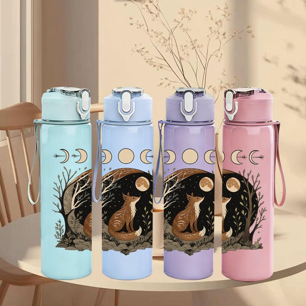 1PC Moon Forest Rabbit Art 750ml Color Plastic Sports Water Bottle Leakproof Flip Straw Lid Suitable for Sports Office Home Use