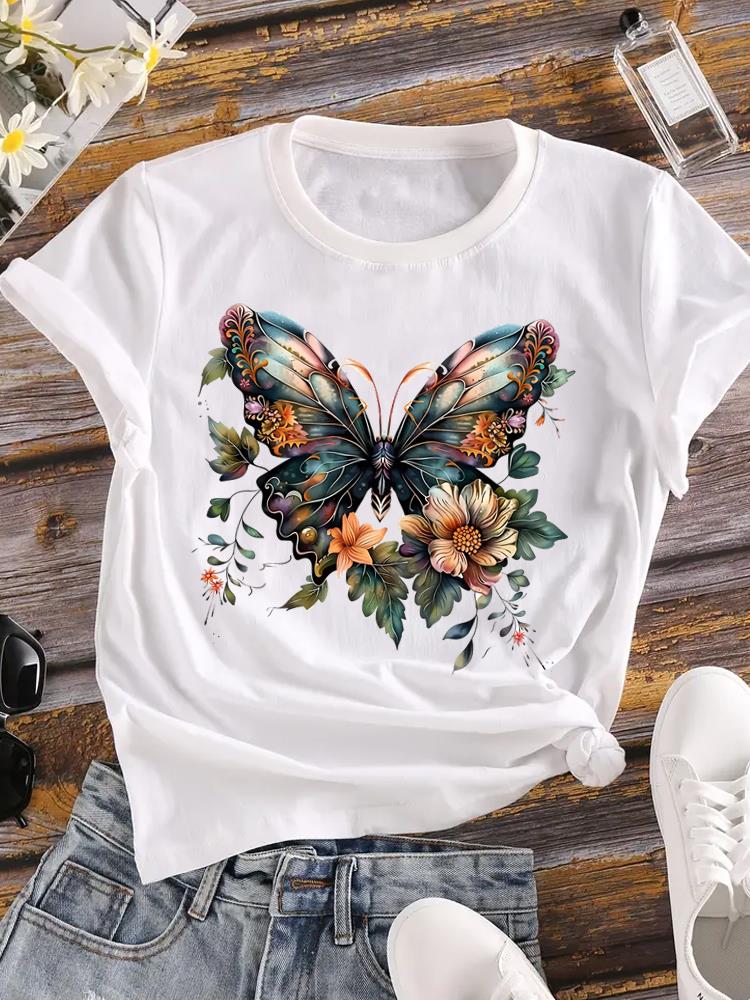 (Asian Size) 90s Butterfly Trend Women Tee Top Clothing Casual Flower Short Sleeve T Shirt Fashion Print Lady Female Graphic T-shirts