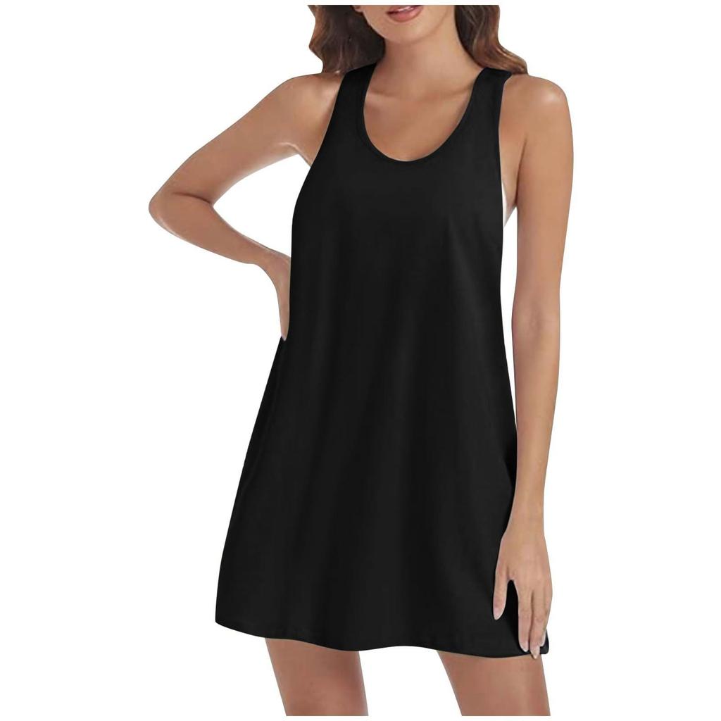 Women's Fashion Solid Color Round Neck Sleeveless Racerback A-line Dress
