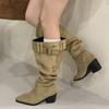 Winter Designer Belt Buckle Women Knee High Boots Fashion Pointed Toe Square Heels Long Booties Largas Mujer