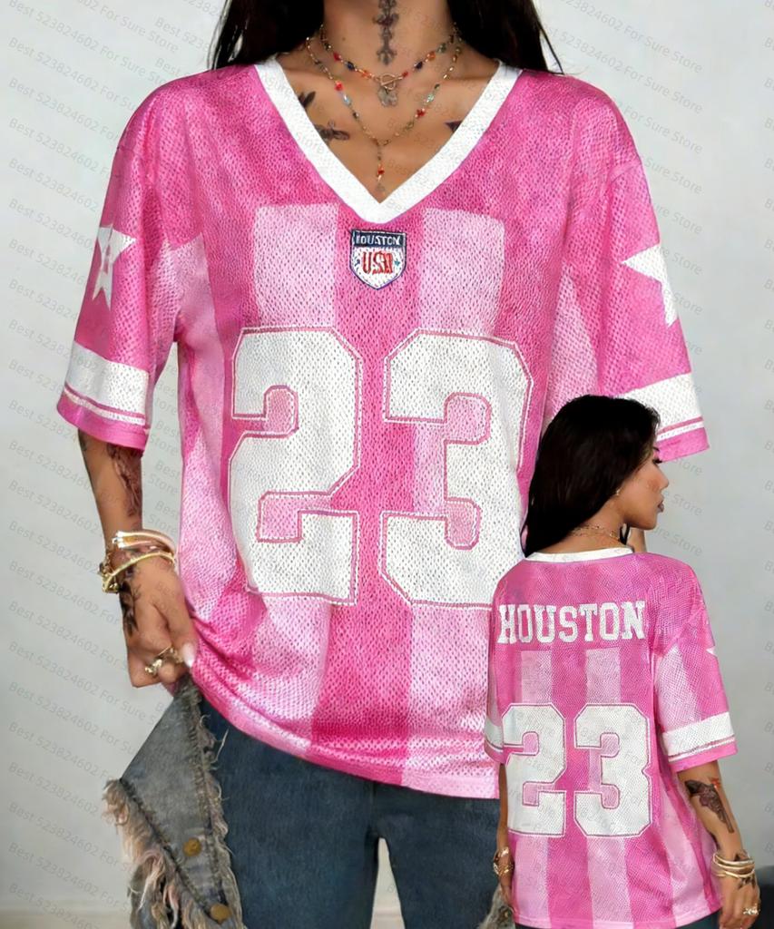 Women's Pink Striped Number Pattern Jersey T-Shirt, Short-Sleeve Loose Mesh Casual Top