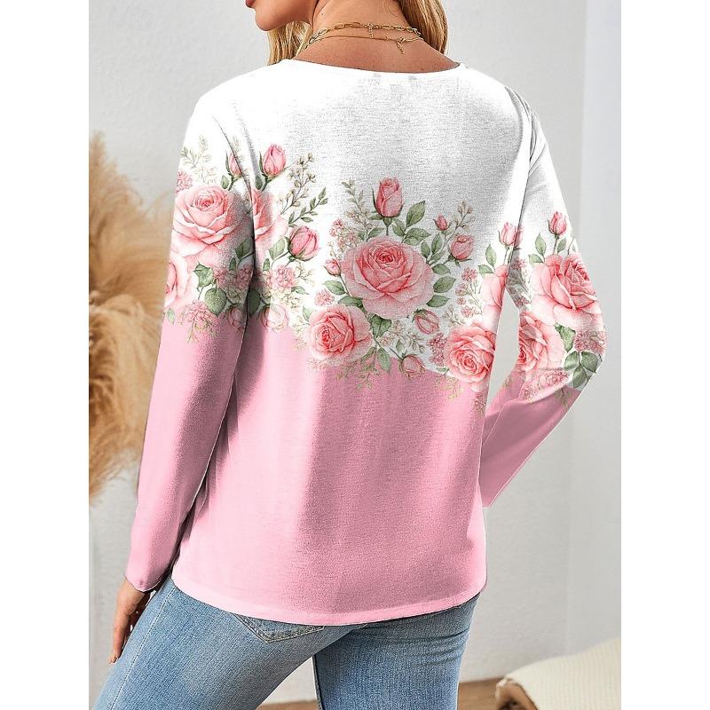Dam T-shirt Casual Långärmad Toppar Blommig Grafisk T-shirt Skjorta Blus O-hals Höst Vinter Streetwear Stil y2k Pullover