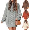Women's Round Neck Long Sleeve Oversized Cable Knit Chunky Sweater Cardigan Mid Length Warm Wool Coat Dress