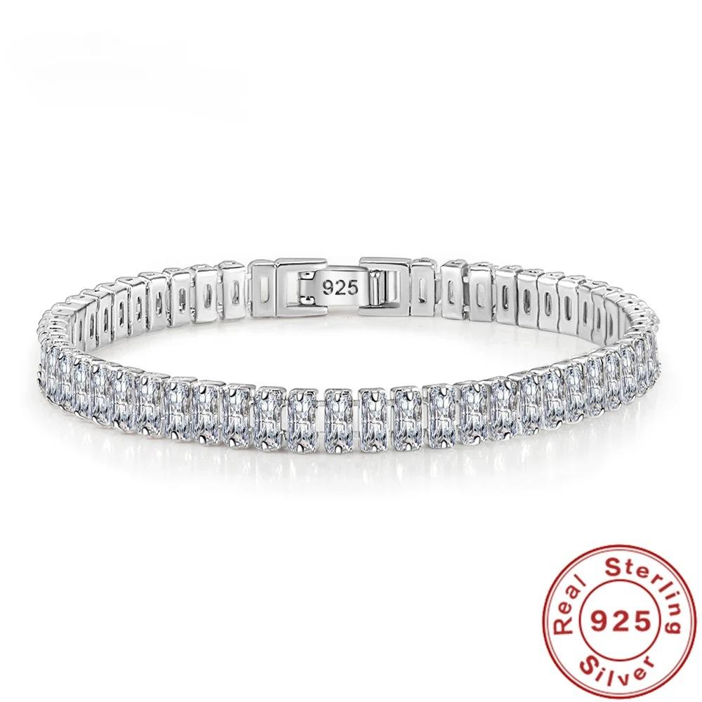 Eenvoudige, modieuze en gepersonaliseerde rechthoekige zirkonia armband, verzilverd, elegant en vol diamanten