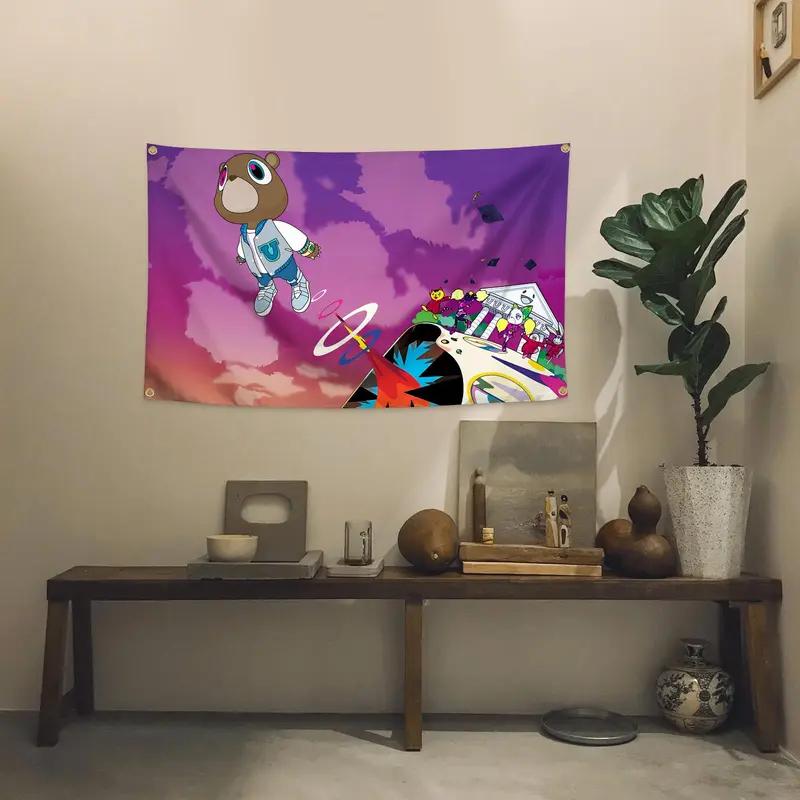 Arazzo Orso della Laurea di Kanye West Hip Hop Cartone Animato Appeso a Parete Poliestere Fan Merch Decorazione per Camera da Letto Decorazioni per Dormitorio