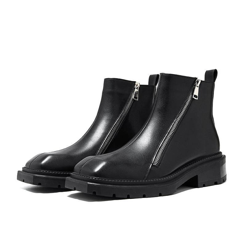 Chelsea Boots Square Head Leather Shoes British Style Black Medium Top Short Boots Double Zipper Martin Boots Trend 4512-R