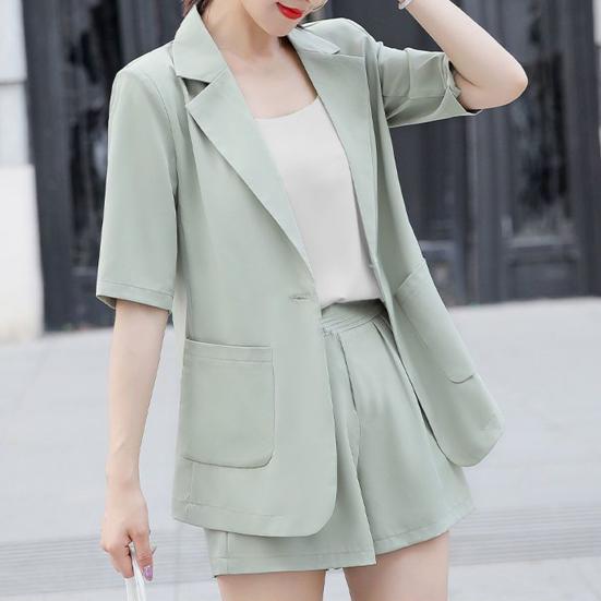 Women 3 Piece Blazer Outfit Short Sleeve Open Front Blazer Sleeveless Tank Top Shorts Set One Button Suit Jacket Business Set