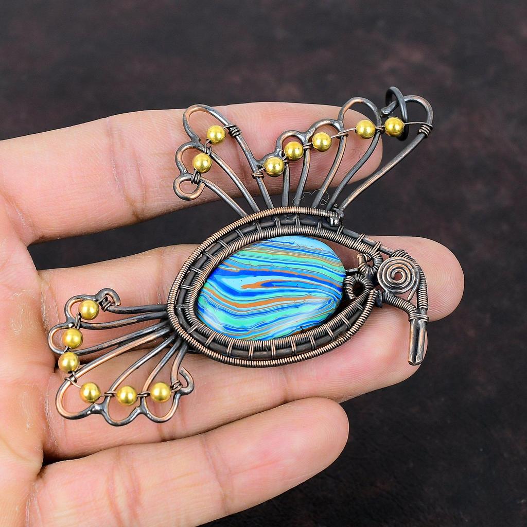 Rainbow Calsilica Pendant Copper Wire Wrapped Gemstone Pendant Stylish Pendant Copper Jewelry Engagement Gift Handmade Jewelry Bird Pendants