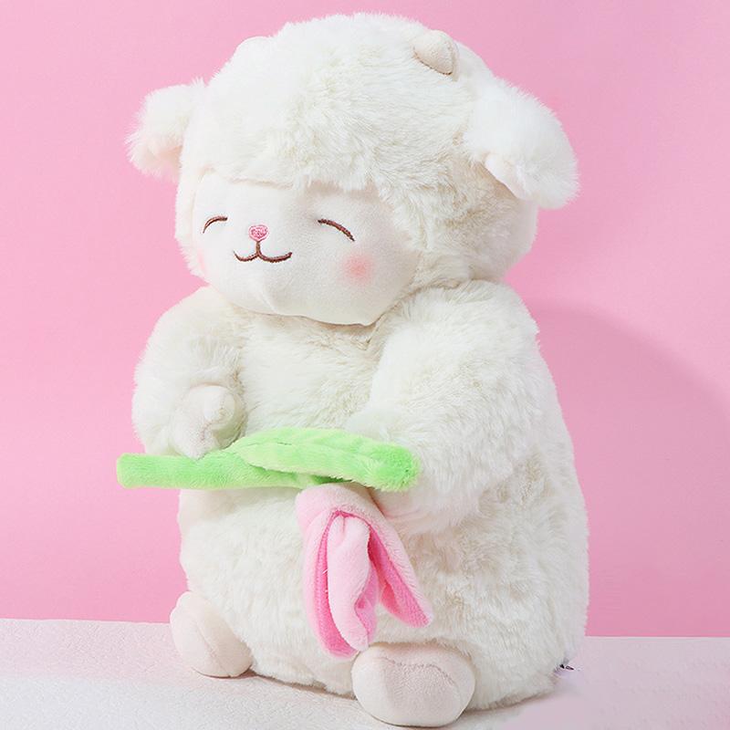 Lamb Plush Doll Kawaii Sweet White Pink Sheep Hold Tulip Flower Soft Stuffed Animal Doll Sheep Wuggy Cartoon Plushie Toy