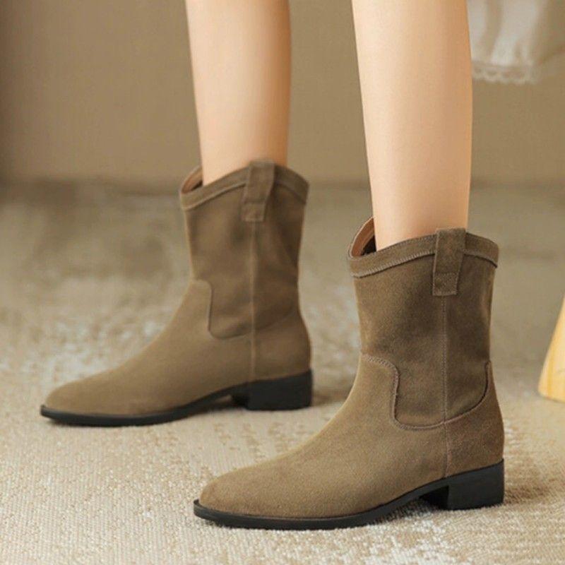 Fashion Retro Western Cowboy Boots 2024 Autumn Winter New Versatile Pointed Coarse Heel British Style Warm Short Sleeve Women's Boots