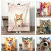 Cute Cartoon Calming Anima Corgi Throw Lightweight 240g Flannel Blanket Soft Skin-friendly for Summer Cooling