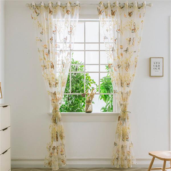 Transparenter Tüll-Vorhang, Schmetterlingsdruck, transparentes Fenster, Voile-Drapierung, Volantstoff, romantischer Blumen-Fensterschutz, 1 Stück