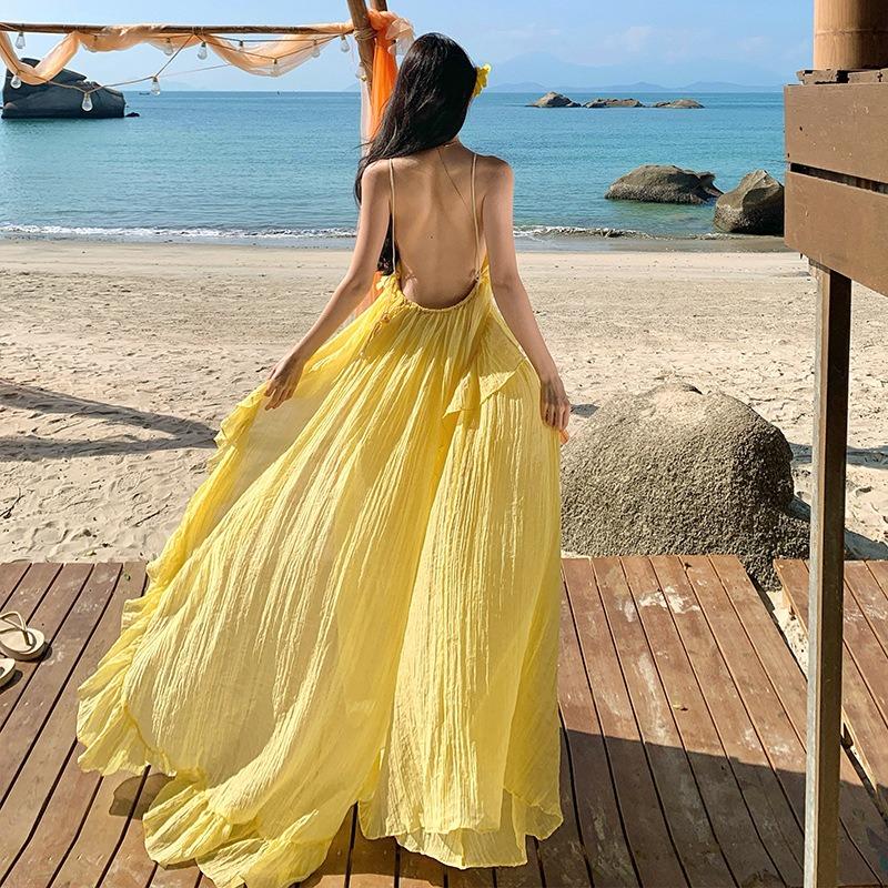Hainan Photo Long Dress Seaside Vacation Yellow Big Skirt Backless Dress Sexy Beach Dress