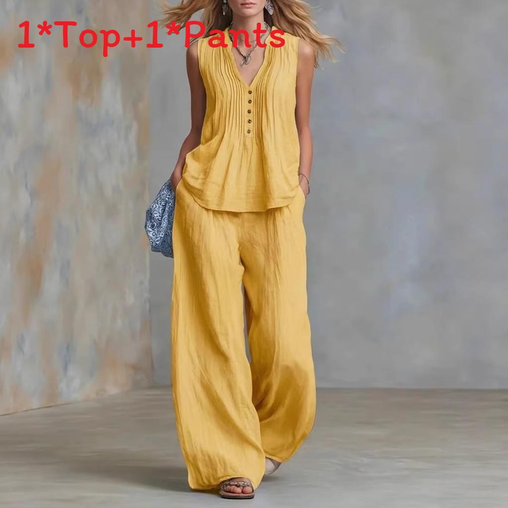 Completo Pantaloni Casual Senza Maniche Scollo a V per Donna con Inserti in Poliestere per l'Estate