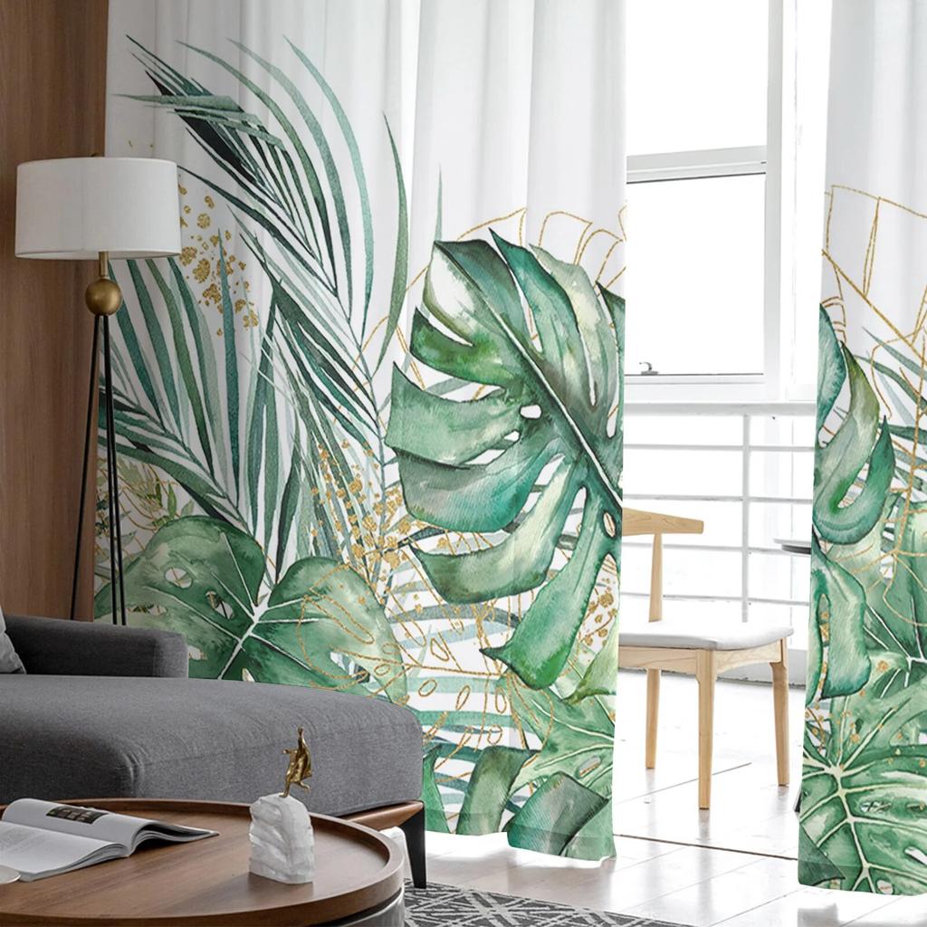 Ins Style Tropical Plant Palm Leaf Banana Leaf Voile Sheer Curtains Living Room Tulle Window Curtain Bedroom Drapes Home Decor