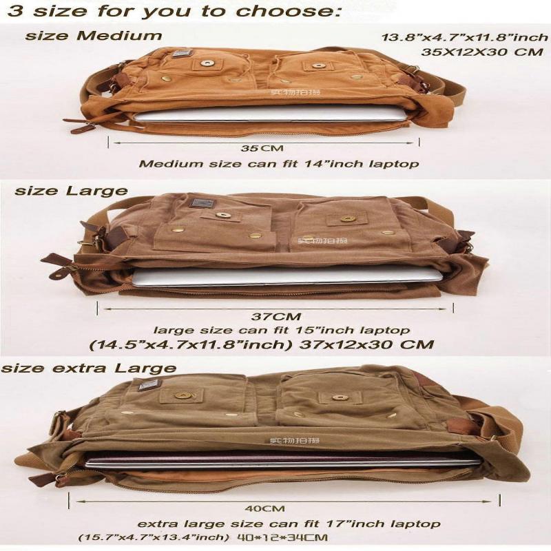 JUNWELL Vintage Military Leather Canvas Laptop Bag Messenger Bags Medium Boho Satchel School Bag